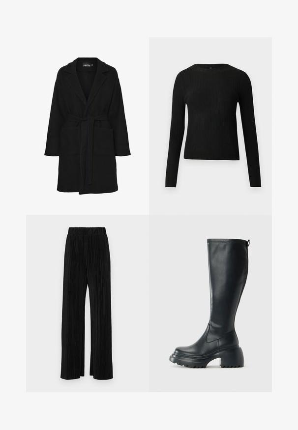 Svart frakk laget av mykt stoff, med sjalkrage, lange ermer, belte i midjen og to frontlommer.; Svart ribbestrikket langermet tettsittende genser med rund hals, vist mot en ensfarget lys bakgrunn.; Sorte plisserte bukser med elastisk midje. Har vide ben og et glatt, strukturert stoff med vertikale striper.; Høy svart lærstøvel med chunky plattformsåle og blokkhelt, med trekkstang og teksturert mønster på yttersålen.