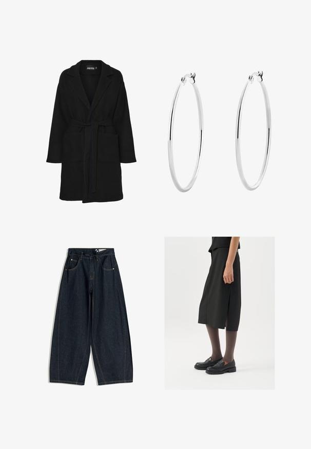 Črn plašč iz mehkega blaga, ki ima šal ovratnik, dolge rokave, pas z mašno v pasu in dve sprednji žep. ; Siva rebrasta majica bez rukava z okruglim izrezom. Mekana tekstura i kroj koji se dobro prilagođava, pogodna za ležerne ili slojevite kombinacije.; Temno modri široki hlače iz džinsa z vrvico za prilagajanje v pasu, petimi žepek in kontrastnim šivanjem. Gladka tekstura in ohlapen kroj.; Črna krila do kolen z bočnim razporkom, v kombinaciji s črnimi loaferji in prosojnimi rjavimi nogavicami, ki imajo gladko tkanino in preprost dizajn.; Srebrni obročki za ušesa z gladkim, poliranim zaključkom in brezšivno zasnovo, s zaobljenimi robovi in varnim zapiranjem.
