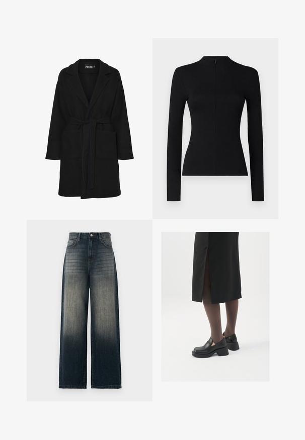 Melnā jaka, izgatavota no mīksta auduma, ar šifona apkakli, garām piedurknēm, jostu jostas vietā un divām priekšējām kabatām.; Melnā garām piedurknēm ribota blūze ar augstu apkakli un aizmugurē esošu rāvējslēdzēju, ar pieguļošu siluetu un mīkstu tekstūru.; Platas kājas džinsi tumši denima krāsā, ar izbalējušu gradientu no tumšā līdz gaišajam, pieci kabatas un kontrastējošas šuves detaļas.; Melni ādas apavi ar noapaļotu purngalu, biezām bloku papēžiem un elastīgiem sānu akcentiem, apvienoti ar tumšām zeķubiksēm un melnu svārku ar šķirbu.