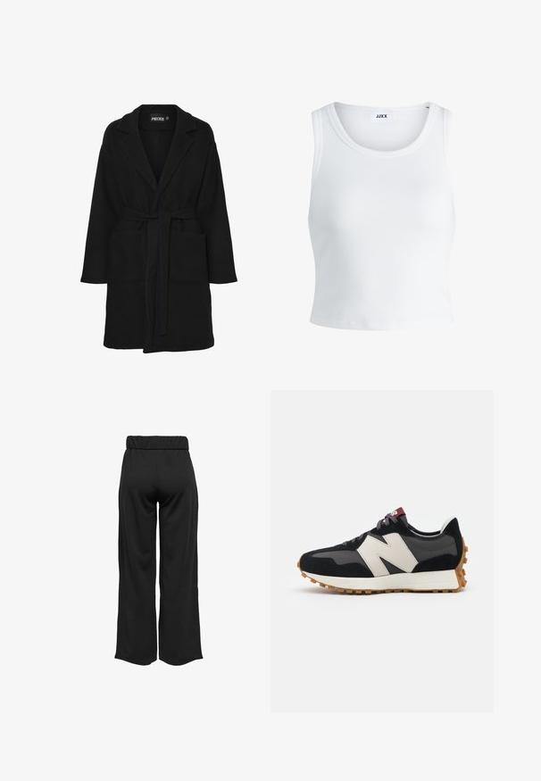 Svart kappa gjord av mjukt tyg, med en sjalkrage, långa ärmar, ett knytbälte i midjan och två framfickor.; Vit ribbade linne med rund halsringning, ärmlös design och kort längd. Märket säger "JJXX." Slät tygkvalitet.; Svarta, vida byxor med elastisk midja, tillverkade av en mjuk tyg. Har en ren design utan fickor eller synliga sömdetaljer.; Svart och grå mocka sneaker med en stor krämfärgad "N"-logotyp, lila snören och en texturerad gummisula.