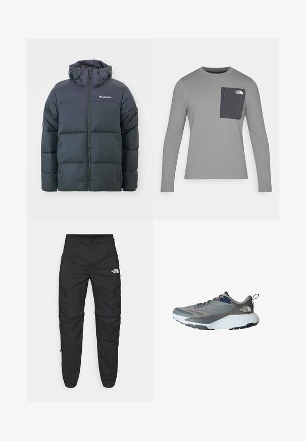 Giacca imbottita nera con cappuccio, caratterizzata da una chiusura a zip frontale, design trapuntato e polsini elasticizzati. Logo sul lato sinistro del petto. Tessuto morbido e isolato.; Maglietta grigia a maniche lunghe con tessuto testurizzato, dotata di una tasca sul petto grigia scura e chiusura con zip. Logo bianco sulla tasca.; The North Face EXPLORATION TAPERED CONVERTIBLE - Pantaloni outdoor - black; Scarpa sportiva grigia con tomaia in rete, accenti blu navy, suola intermedia bianca texturizzata e suola in gomma nera. Presenta lacci e un'etichetta sul tallone.