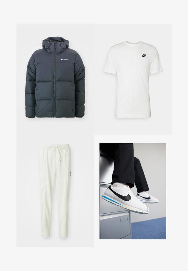 Čierna rafinovaná bunda s kapucňou, s predným zipsom, prešívaným dizajnom a elastickými manžetami. Logo na ľavej strane hrude. Mäkká, zateplená tkanina.; Biela bavlnená tričko s krátkymi rukávmi, okrúhlym výstrihom a čiernym logom Nike na ľavej strane hrudníka. Hladká textúra a klasický strih.; Biele slim-fit teplákové nohavice s elastickým pásom a šnúrkou, s bočnými švovými detailmi a malou čiernou nášivkou na pravej nohe.; Biele kožené tenisky s čiernym logom Nike, svetlomodrou a šedou gumovou podrážkou a klasickým šnurovacím dizajnom. Nohy položené na fileciante.