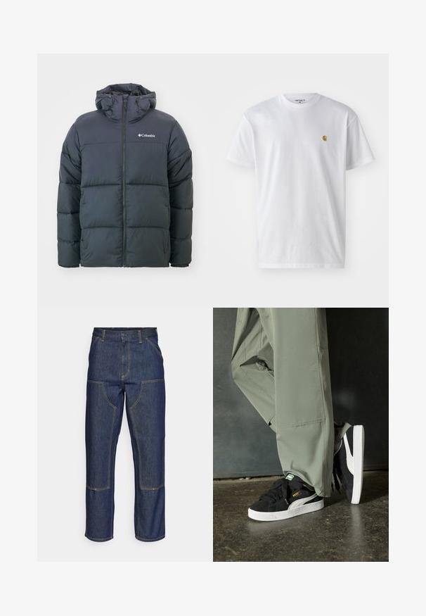 Czarna kurtka puchowa z kapturem, z zapięciem na zamek, pikowanym wzorem i elastycznymi mankietami. Logo na lewej piersi. Miękki, ocieplany materiał.; Biała bawełniana koszulka z krótkim rękawem, okrągłym dekoltem, z małym złotym logo na lewej części klatki piersiowej. Miękka textura i regularny krój.; Granatowe dżinsy z wysokim stanem, prostym krojem nogawek, kontrastowym wykończeniem szwów oraz kieszeniami naszytymi z przodu.; Czarne zamszowe trampki z białymi gumowymi podeszwami i bocznymi paskami, w połączeniu z jasnoszarymi spodniami cargo, stoją na teksturowanej ciemnej powierzchni.