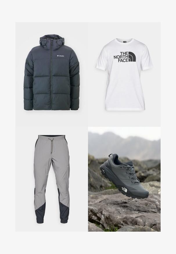 Black puffer jacket with a hood, featuring a zip front, quilted design, and elastic cuffs. Logo on the left chest. Soft, insulated fabric.; White cotton t-shirt featuring a black graphic print with text and a curved logo design. Round neckline and short sleeves. Plain texture.; Lightweight, gray athletic pants with black accents. Elastic waistband, drawstring closure, tapered leg design, and side pockets.; Grey trail running shoe with a textured upper, durable rubber sole, and reinforced toe cap. Features laces and brand logo on the side.