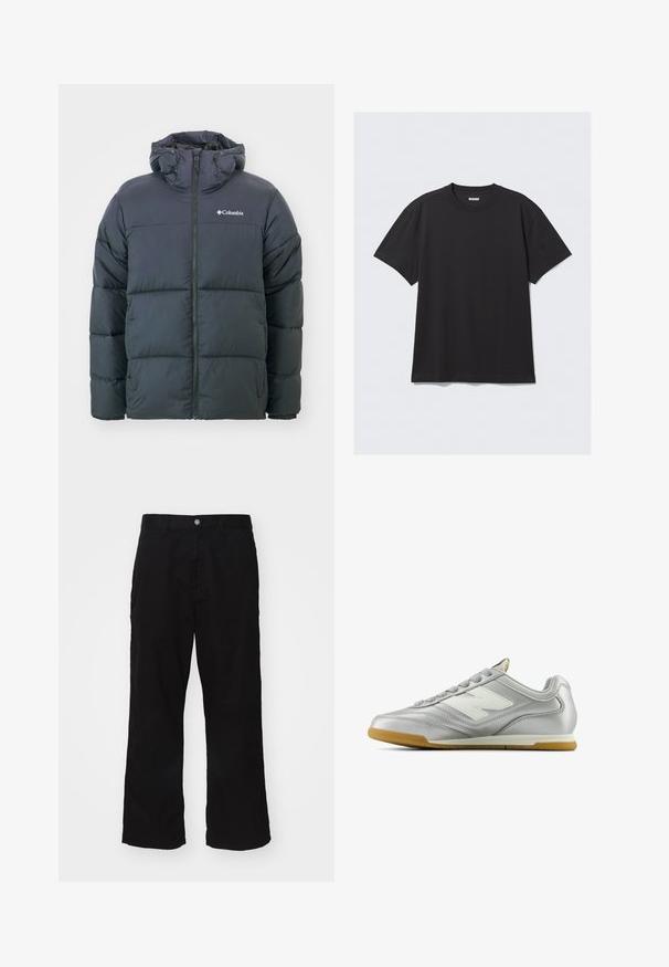 Juodas pūkuotas džempertas su kapišonu, turi užtrauktuką priekyje, siuvinėjimo dizainą ir elastines rankogalius. Logo kairėje krūtinėje. Minkšta, šilta medžiaga.; Juoda trumpa rankovė mis medvilnės marškinėlių. Savybės: apvali iškirptė ir laisvas siluetas. Paprastas dizainas, be raštų ar akcentų.; Juodos plačios kojų kelnės, pagamintos iš medvilnės mišinio, su mygtukų uždarymu ir tiesiu kirpimu, turinčios minimaliai matomų siūlių.; Sidabriniai sportiniai bateliai su lygiu, blizgiu paviršiumi, balta logo šone, tekstūruotomis pilkomis raištelėmis ir guminiais padais.