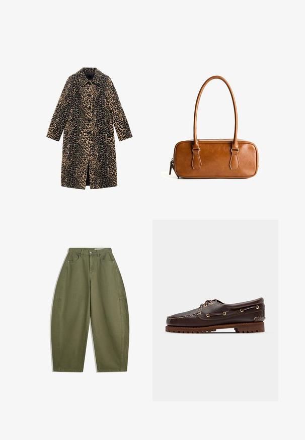 Leopardenmuster-Mantel mit langen Ärmeln, Vorderknöpfen und knielanger Schnittform. Aus weichem Stoff mit texturierter Oberfläche in Beige und Schwarz gefertigt.; Graue gestrickte Strickjacke mit rundem Ausschnitt, überschnittenen Schultern, Knopfverschluss und gerippten Bündchen an Ärmeln und Saum.; Langärmliges T-Shirt mit Rundhalsausschnitt in Creme mit horizontalen kastanienbraunen Streifen, entspannter Schnitt und weicher, glatter Stofftextur.; Olivgrüne weite Hose aus Baumwolle mit hoher Taille, Fronttaschen und glatter Textur. Keine Verzierungen oder Muster.; Braune Lederbootsschuhe mit goldenen Ösen, runden Schnürsenkeln und einer strukturierten braunen Gummisohle. Verfügt über genähte Details und ein erhabenes Logo.; Braune Lieblingstasche aus Leder mit zwei langen Tragegriffen, rechteckiger Form, glatter Oberfläche, Reißverschluss und Hardware-Akzenten in Silber.