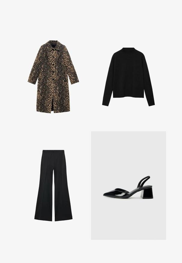 Leopardprint frakke med lange ærmer, frontknapper og knælangt snit. Fremstillet af blødt stof med en tekstureret overflade i tan og sort.; Sort rullekravesweater lavet af blødt stof, med lange ærmer og en afslappet pasform, samt et rent, minimalistisk design.; Sorte brede bukser med en glat tekstur, der har fremadrettede folder og en skræddersyet design. Stofferne er lette og flerdimensionelle.; Sorte patentlæder slingback hæle med spids tå og en geometrisk blok hæl. Har et elegant, minimalistisk design og en glat tekstur.