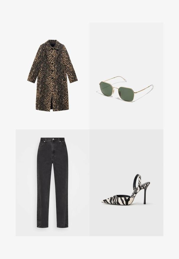 Leopardenmuster-Mantel mit langen Ärmeln, Vorderknöpfen und knielanger Schnittform. Aus weichem Stoff mit texturierter Oberfläche in Beige und Schwarz gefertigt.; Weißes Hemd mit Knopfleiste, spitzen Kragen, langen Ärmeln und kleinem blauen Logo auf der linken Brust. Aus Baumwollstoff gefertigt.; Schwarze Denim-Jeans mit geradem Bein, hoher Taille, vorderem Knopf und Reißverschluss sowie fünf Taschen auf weißem Hintergrund.; Schwarze und cremefarbene Zebra-Muster Slingback-Pumps mit spitzem Schuhspitz, schlanken hohen Absätzen und offenem Design hinten, ausgestattet mit einem schwarzen Innenfutter.; Sonnenbrille mit goldfarbigem Rahmen und grünen Gläsern, in einem achteckigen Design, mit dünnen Bügeln und transparenten Enden. Minimalistisches Design und Hardware-Elemente.