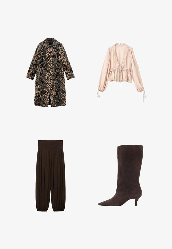 Leopardprint frakke med lange ærmer, frontknapper og knælangt snit. Fremstillet af blødt stof med en tekstureret overflade i tan og sort.; Blush pink bluse med lange ærmer, flæset halsudskæring, snoretræk i taljen og blondekant ved ærmerne og kanten. Letvægts, tekstureret stof.; Brune plisserede bukser med en bred, elastisk talje. Stoffet er let og tekstureret med indsamlede sømme ved benens afslutninger.; Brun ruskind støvle til knæhøjde med spids tå og mellem høj hæl, der har en glat tekstur og elegant design.