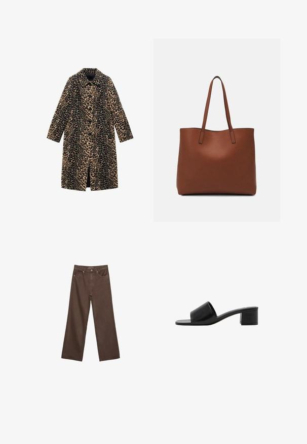 Leopardi kuosis takki pitkillä hihoilla, etunapeilla ja polvipituudella. Valmistettu pehmeästä kankaasta, jossa on röpelöinen pinta vaaleanruskeana ja mustana.; Kahvinsävyinen lyhythihainen t-paita, joka on valmistettu pehmeästä kankaasta. Pyöreä pääntie ja rento malli. Ei näkyviä kuvioita tai koristeita.; Leviittävät ruskeat farkut, jotka on valmistettu denimistä, korkea vyötärö, etutaskut ja klassinen nappikiinnitys. Silkkinen pinta hienovaraisella ompelutyöllä.; Mustat nahkaiset avonkorkoiset liukusandaalit leveällä hihnalla ja tukevalla lohkokannan. Ominaisuuksiin kuuluu sileä pinta ja minimalismia korostava muotoilu.; Ruskea nahkainen olkalaukku, jossa on sileä pinta, avoin yläosa ja kaksi olkahihnaa. Omaavat vain minimaalisen ompelun eikä näkyvää metalliosaa.