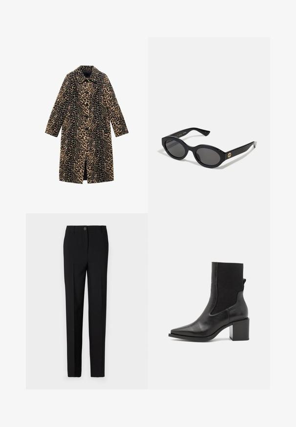 Leopardenmuster-Mantel mit langen Ärmeln, Vorderknöpfen und knielanger Schnittform. Aus weichem Stoff mit texturierter Oberfläche in Beige und Schwarz gefertigt.; Langärmliges Oberteil mit Leopardenmuster und hohem Kragen, aus elastischem Stoff gefertigt. Hat einen beigefarbenen Grundton mit braunen Flecken. Glatte Textur, figurbetontes Design.; Schwarze, maßgeschneiderte Hose mit geradem Bein, ausgestattet mit einem Knopfverschluss und Gürtelschlaufen, aus glattem Stoff gefertigt.; Schwarze Stiefelette mit spitzem Schuhschnitt, aus glattem Leder und elastischem Stoff gefertigt. Mit Blockabsatz und minimalistischem Design.; Schwarze ovale Sonnenbrille mit dunklen Gläsern und glänzendem Kunststoffrahmen. Mit goldenem Logo am Bügel, das ein elegantes und modernes Design bietet.; Blau gemusterte Handtasche aus Stoff, mit geschwungener Form, schwarzem Ledergriff und Logo-Design in einem helleren Farbton.