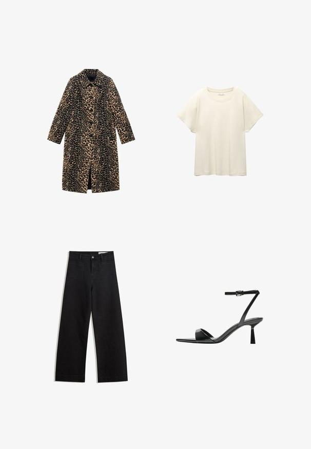 Leopardmönstrad kappa med lång ärm, framknappar och knälång längd. Tillverkad av mjukt tyg med en strukturerad yta i beige och svart.; Ljus beige kortärmad t-shirt med rund halsringning, tillverkad av mjuk, slät tyg. Har en avslappnad passform och rak nederkant.; Svarta vida denimbyxor med hög midja, med fram- och bakfickor, sydda sömmar och knappstängning. Slät textur.; Bershka Sandaletter - black