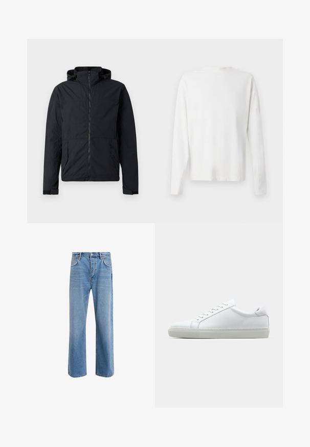 Black jacket with a zippered front, hood, and elastic cuffs. Features two side pockets and a textured, lightweight fabric.; Long-sleeved white cotton shirt with a round neckline, side slits at the bottom, and a smooth texture, displayed from the back.; Light blue denim jeans with a straight-leg design, five pockets, button closure, minimal fading, and contrasting stitching details.; White sneaker with a smooth leather upper and a low profile. Features a rounded toe, six eyelets, and a textured rubber sole.