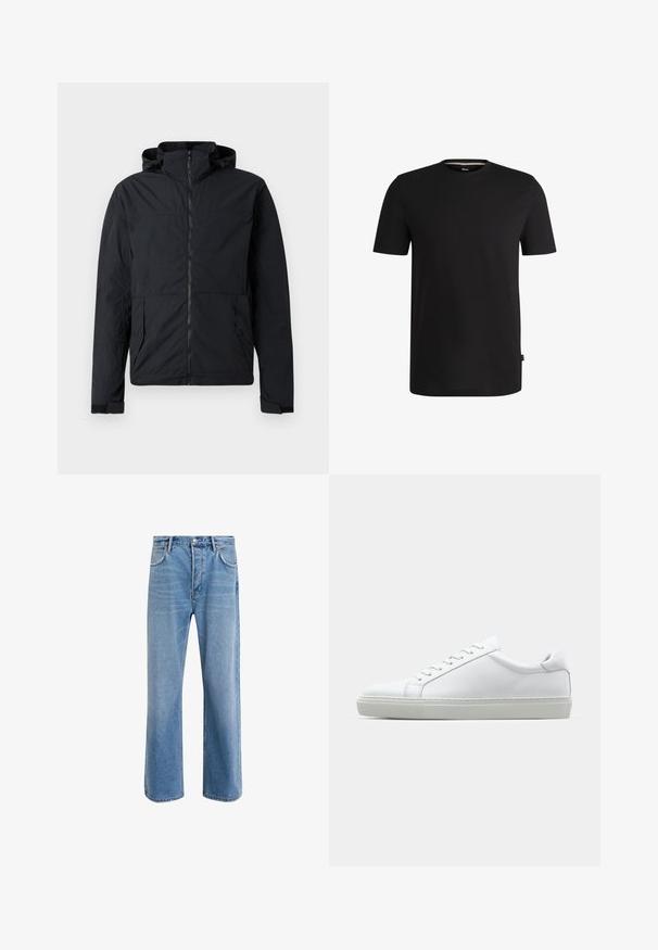 Fekete dzseki cipzáros elülső résszel, kapucnival és elasztikus mandzsettákkal. Két oldalzsebbel és texturált, könnyű anyaggal rendelkezik.; Fekete, rövid ujjú póló sima pamutból, kerek nyakkivágással. Az alján, bal oldalon egy diszkrét márkacímke található.; Világoskék farmernadrág, egyenes szárú fazonnal, öt zsebbel, gombos záródással, minimális kopással és kontrasztos varrással.; Fehér sportcipő sima bőr felső résszel és alacsony profilsal. Kerek orr, hat fűzőlyuk és barázdált gumitalp jellemzi.