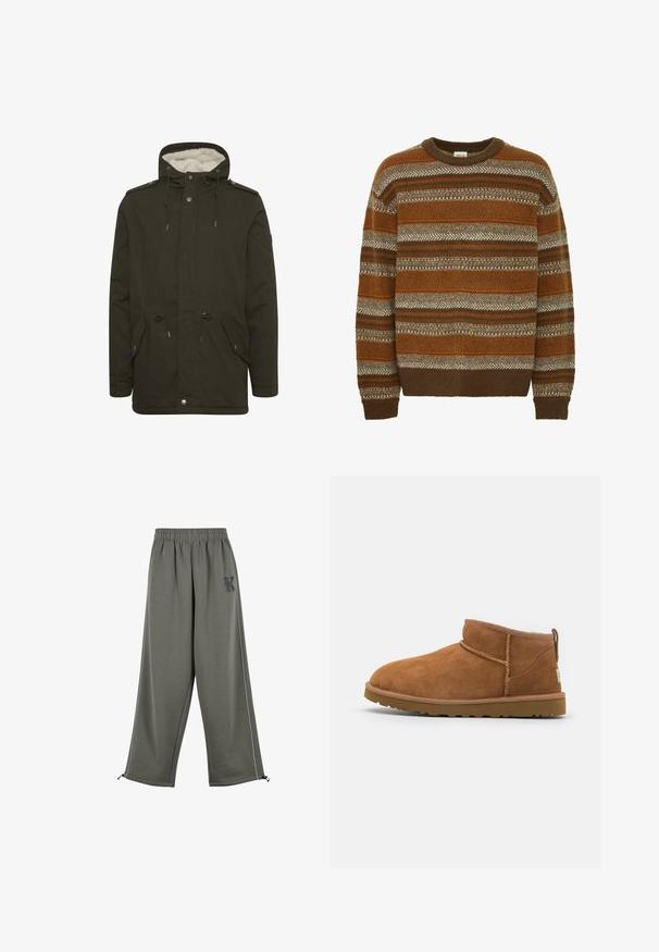 Tummanvihreä parka-takki, jossa on pehmeä valkoinen vuori, etutaskut, kiristettävä vyötärö ja napit. Valmistettu kestävästä kankaasta.; Solid SDMAXWELL - Neule - slate black; Karl Kani KK OS SIDESTRIPE - Housut - grey; Vaaleanruskeat mokkasaappaat nilkkapituiset, joissa on pyöristetty kärki, hienovaraiset ommeltydet ja teksturoitu kumipohja. Lyhyt malli ilman nauhoja.
