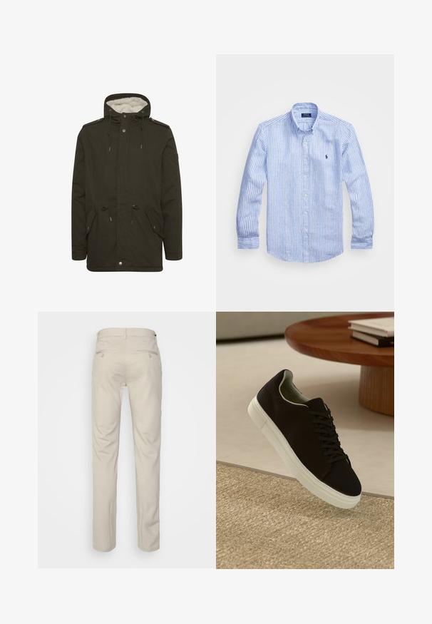 Tamsiai žalias parkas su puriu baltu pamušalu, priekinėmis kišenėmis, raišteliu liemenyje ir spaudėmis. Pagamintas iš tvirto audinio.; Mėlynos ir baltos dryžuotos ilgomis rankovėmis medvilninė marškiniai, turintys sagtelę ant apykaklės, priekinius mygtukus ir mažą išsiuvinėtą logotipą krūtinėje.; Bežinės kelnės su lygia tekstūra, tiesiu pjūviu, dviem užpakalinėmis kišenėmis su sagomis ir standartine juosmena.; Juodas sportinis batelis su baltu padu, lekiančius virš smėlio spalvos tekstūruoto kilimo šalia apvalaus medinio stalo su sukrautomis knygomis.