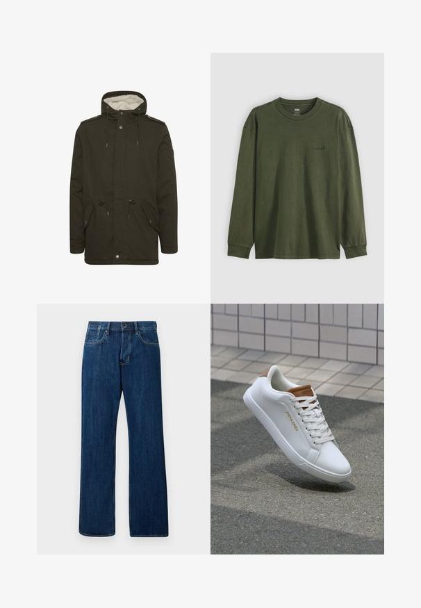 Dunkelgrüne Parkajacke mit einem plüschigen weißen Futter, Fronttaschen, Kordelzug in der Taille und Druckknopfverschlüssen. Hergestellt aus strapazierfähigem Material.; Langarm-T-Shirt mit Rundhalsausschnitt aus dunkelgrünem Baumwollstoff. Mit kleinem schwarzem Logo auf der Brust und gerippten Bündchen. Glatte Textur.; Dunkelblaue Jeans aus Denim, gerade Beinform, mittlere Bundhöhe, klassischer Fünf-Taschen-Stil und leichte Verblassung, mit einem Metallknopfverschluss.; Weiße Ledersneaker mit glatter Textur, tanfarbener Akzent an der Ferse, goldenes Logo an der Seite und Gummisohle mit strukturiertem Griff.