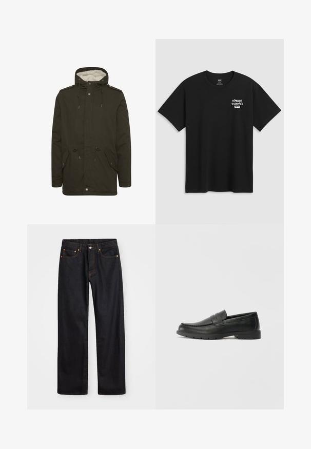 Tumši zaļš parka mētelis ar mīkstu balto oderi, priekšējiem kabatām, regulējamu vidukli un spiedpogām. Izgatavots no izturīga auduma.; Melna kokvilnas T-kreklu ar krūtīm drukātu uzrakstu "HOUSE PLANTS" baltā stilizētā fontā ar "Levi's" zemāk. Klasisks apaļais kakls.; Vīriešu taisno kāju melnie džinsi ar piecām kabatām un oranžu izšuvumu, ar pogu un zipa aizdari priekšējā jostas daļā.; Melnas ādas loafers ar gludu apdari, mokasīnu stila augšdaļu, šūtu detalizāciju un gumijas zoli. Klasisks dizains ar zemu papēdi.