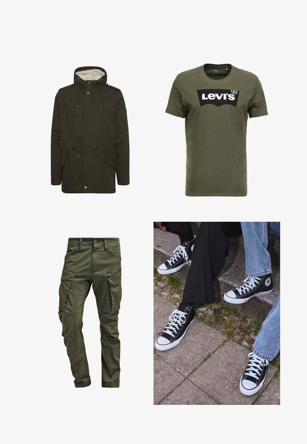 Mørkegrønn parka-jakke med en myk hvit foring, frontlommer, snor i livet og trykknapper. Laget av slitesterkt stoff.; Oliven grønn bomulls t-skjorte med en stor svart Levi's-logo på forsiden. Klassisk crewneck og korte ermer, glatt tekstur.; Olivengrønne cargo-bukser lavet af robust bomuld. Har flere lommer, en lynlåslomme på siden og tætsiddende ben med en let struktureret overflade.; Sorte høyre sneakers i kanvas med hvite gummisåler og snøringer, med et rundt logo på siden og kombinert med denim og sorte bukser.