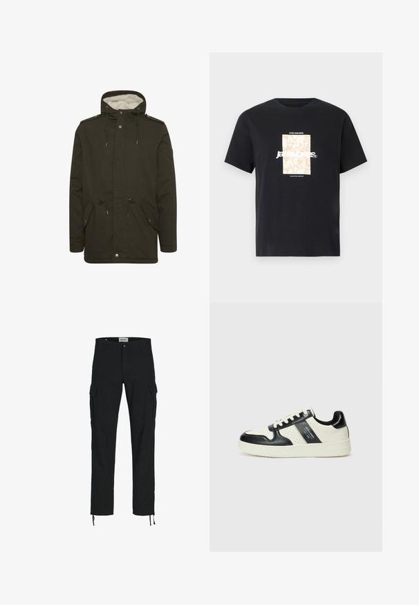 Tamnozelena parka jakna s mekim bijelim podstavljanjem, prednjim džepovima, rastezljivim strukom i kopčanjem na dugmad. Izrađena od izdržljivog materijala.; Crna pamučna majica s okruglim izrezom. Ima bež pravokutni grafički prikaz i bijeli tekst "JAWO" centriran sprijeda. Kratki rukavi.; Crne cargo hlače ravnog kroja, s bočnim džepovima, kopčanjem na dugme i elastičnim šniranjem na gležnjevima. Izrađene od izdržljivog materijala.; Kožne tenisice s crno-bijelom paletom boja, koje imaju perforirane akcentne detalje, podstavljeni ovratnik i teksturiranu potplat.