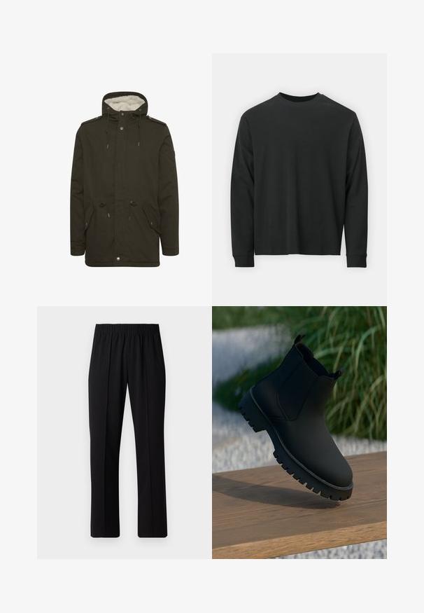 Mørkegrønn parka-jakke med en myk hvit foring, frontlommer, snor i livet og trykknapper. Laget av slitesterkt stoff.; Langermet svart T-skjorte laget av bomull, med rund hals, løs passform og ribbestrikkede mansjetter. Glatt tekstur uten synlige mønstre.; Svart, elastisk midjebukser med rett ben-design, med en glatt tekstur og uten synlige mønstre eller maskinvare.; Sorte ankelstøvler med en glatt finish, elastiske sidepaneler og en tykk, robust såle. Plassert mot en naturlig bakgrunn på en tresurface.