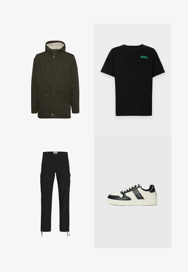 Sötétzöld parkajacket, puha fehér béléssel, elülső zsebekkel, húzózsinórral ellátott derékrésszel és patentos záródással. Tartós anyagból készült.; Fekete, pamutból készült póló rövid ujjakkal. Elöl zöld "ROOTS" logóval, kerek nyakkivágással és normál szabással.; Fekete cargo nadrág egyenes szabással, oldalzsebekkel, gombos zárással és rugalmas húzózsinórral a bokáknál. Tartós anyagból készült.; Fekete és krém színű bőrsneaker, perforált díszítésekkel, párnázott bokapánttal és texturált talppal.