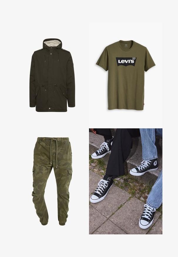 Jachetă parka de culoare verde închis, având o căptușeală pufoasă de culoare albă, buzunare frontale, talie cu șnur și închideri cu capse. Construită dintr-un material rezistent.; Tricou din bumbac verde măsliniu, cu un logo mare Levi's negru într-o formă semi-arcuată contrastantă pe piept. Croială regulară.; Pantaloni cargo verzi cu model camouflage, cu talie reglabilă prin șnur, manșete elastice și buzunare laterale. Fabricati dintr-un material durabil.; Sneakers negre din pânză până la glezne cu tălpi și șireturi albe, având un logo circular pe lateral și purtate cu blugi și pantaloni negri.