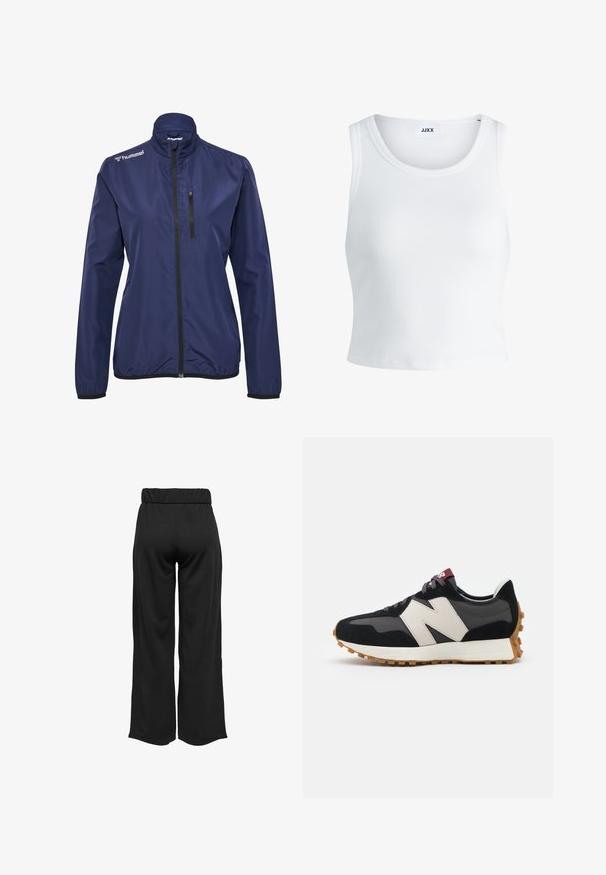 Donkerblauwe lichte jas met een hoge kraag, zwarte ritssluiting en een borstzak. Gemaakt van gladde stof, met elastische manchetten.; Witte geribbelde tanktop met een ronde hals, zonder mouwen en een cropped lengte. Label draagt "JJXX." Gladde stoftextuur.; Zwarte, wijde broek met een elastische tailleband, gemaakt van gladde stof. Heeft een strakke uitstraling zonder zakken of zichtbare stikseldetails.; Zwarte en grijze suède sneaker met een groot crèmekleurig "N"-logo, paarse veters en een gestructureerde rubberen zool van gum.