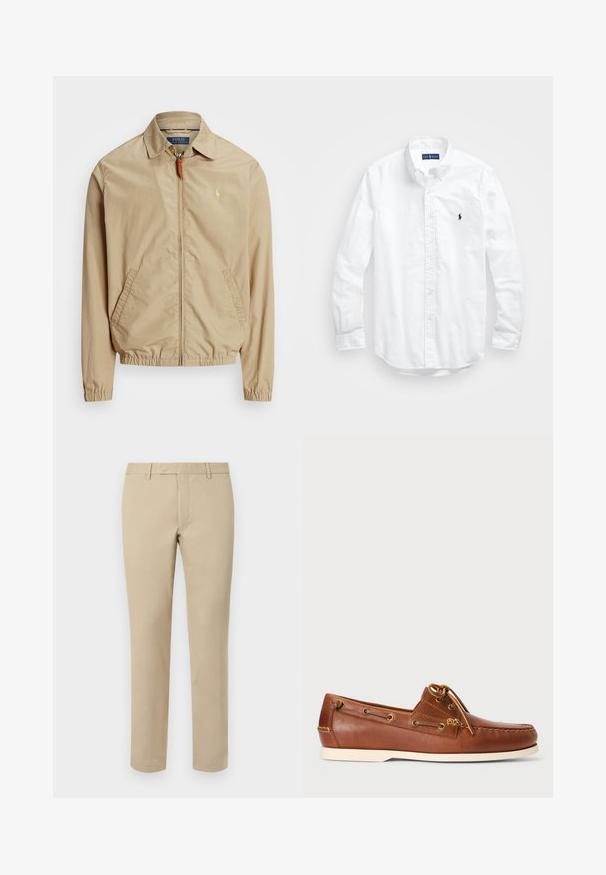 Beige lättviktsjacka med krage, framdragkedja, elastiska ärmslut och sidofickor. Har en liten broderad logga på bröstet.; Vit långärmad skjorta i bomull med knappar. Har en klassisk krage, knappmanchetter och en liten broderad logotyp i marinblått på bröstet.; Beige bomullsbukser med rak skärning, utrustade med bälteshällor, flat framsida och skräddarsydda fållar. Slät textur och minimal detaljer.; Bruna läderskon för båt, med snörning, gyllene ögla och krämfärgad gummisula. Utformad med ett upphöjt sömnads-mönster på tån.