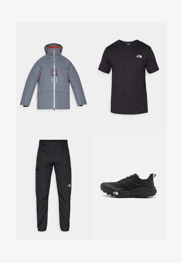 Šedá izolovaná bunda s kapucí, s oranžovými akcenty, předním zipem a několika zipovými kapsami. Hladká textura, prošívaný design.; Černé tričko s krátkým rukávem vyrobené z bavlny, s kulatým výstřihem a malým bílým logem na horní levé části hrudi.; The North Face HORIZON PANT - Outdoorové kalhoty - black; Černé trailové běžecké boty s texturovaným svrškem, gumovou podrážkou a vyztuženou špičkou. Obsahují polstrovaný límec a poutko pro snadné obouvání.
