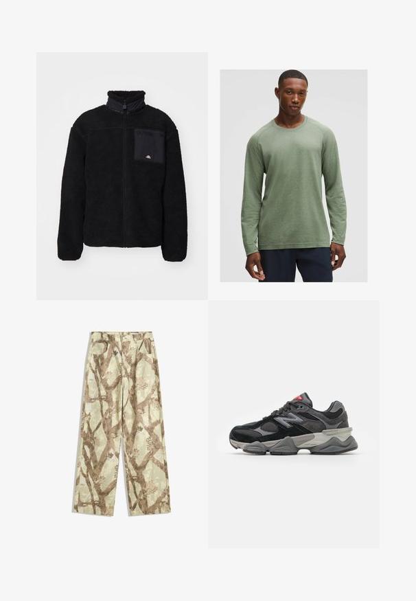 Ellesse VITERBO - Winterjas - black; Langsleeve shirt in gedempt groen met een textuurpatroon, ronde halslijn en raglanmouwen, gemaakt van zachte, lichte stof.; Broek van lichtgewicht stof in een lichtgroene tint, met een bruin takpatroon, wijd model en twee voorzakken.; Zwarte en grijze sneaker met een mix van suede en mesh materialen, dikke zool, opvallend logo en een rode accent op de tong.