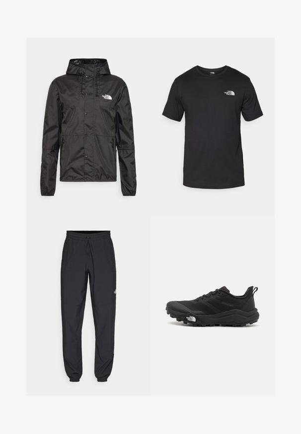 Melnas vējjaka, kas izgatavota no viegla, ūdensizturīga materiāla. Tai ir kapuce, priekšējā spiedpoga aizdare un logo kreisajā krūtī.; Melna īsām piedurknēm T-krekls, kas izgatavots no kokvilnas, ar apaļu dekoltē un nelielu baltu logotipu augšējā kreisajā krūtīs.; Melni sporta bikses, kas izgatavotas no viegla auduma, ar savelcamu jostu, sānu kabatām un sašaurinātiem apakšējiem galiem pie potītēm.; Melnas taku skriešanas kurpes ar teksturētu virsu, gumijas zoli un pastiprinātu pirkstu daļu. Aprīkotas ar mīkstu apkakli un vilkšanas cilpu, lai viegli uzvilktu.