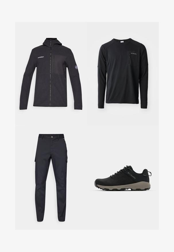 Jachetă din fleece neagră cu glugă, fermoar frontal și accente cu logo. Include un buzunar pe piept și buzunare laterale; textură netedă și design ajustat.; Columbia COLUMBIA TECH™ LONG SLEEVE CREW - Bluză cu mânecă lungă - black; Pantaloni cargo navy din țesătură durabilă, prezentând un închidere cu buton, cinci buzunare și picioare conice cu o ușoară textură.; Pantof de drumeție negru cu un superior neted, design perforat, talpă gri și toc întărit. Are șirete și o buclă pentru a fi îmbrăcat ușor.