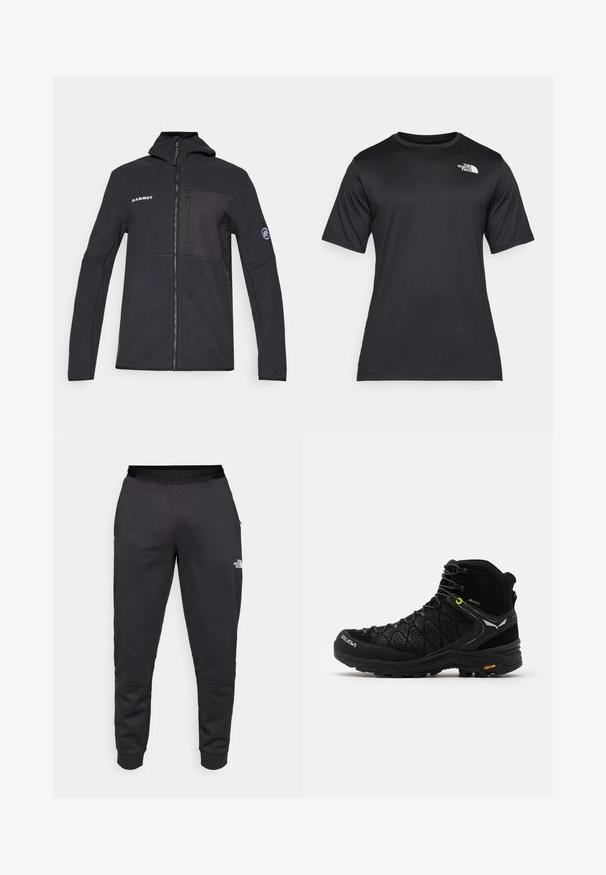 Black fleece jacket with a hood, zip front, and logo accents. Features a chest pocket and side pockets; smooth texture and fitted design.; Black short-sleeve t-shirt made of lightweight, moisture-wicking fabric. Features a white logo on the left chest and a crew neckline.; Black sweatpants made of smooth fabric, featuring a tapered design, elastic waistband, and logo detail on the right leg.; Black hiking boot featuring a textured upper, reinforced toe, and Vibram sole. Lacing system includes hooks for secure fit.