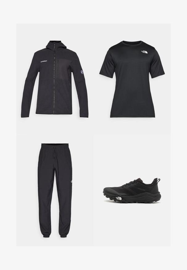 Fekete bolyhos dzseki kapuccsával, cipzáros elülső résszel és logóval díszítve. Tartalmaz egy mellzsebet és oldalsó zsebeket; sima textúrájú és illeszkedő kialakítású.; Fekete, rövid ujjú póló, könnyű, nedvességelvezető anyagból készült. Bal oldalon fehér logóval rendelkezik, és kerek nyakú.; Fekete sportnadrág, könnyű anyagból készült, húzózsinóros derékkal, oldalsó zsebekkel és szűkített szárakkal a bokáknál.; Fekete terepfutó cipő, textúrált felső résszel, gumitalppal és megerősített lábujjrészével. Párnázott bokarésszel és húzófüllel rendelkezik a könnyű felhúzáshoz.