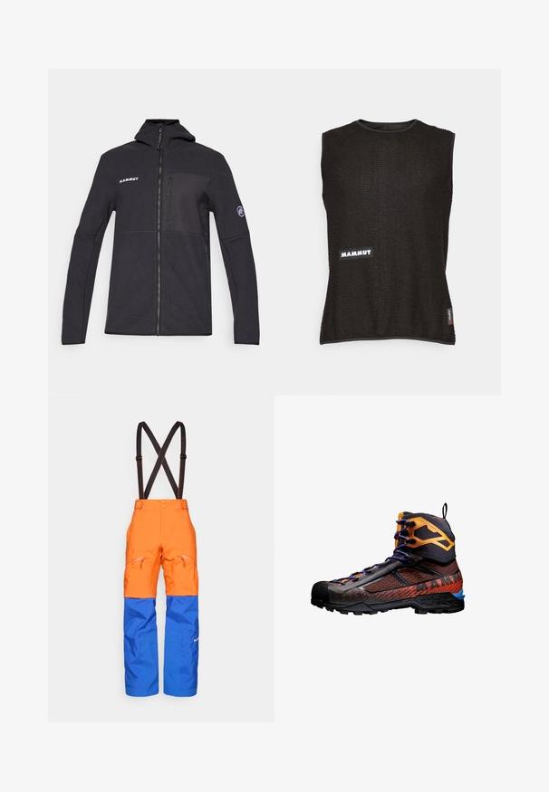 Zwarte fleecejack met capuchon, ritssluiting aan de voorkant en logo-accenten. Beschikt over een borstzak en zijzakken; gladde textuur en aansluitend ontwerp.; Mouwloze zwarte top van textiel met een gestructureerd materiaal, voorzien van een witte "Mammut"-logo en een klein rood accentlabel aan de zijkant, met een ronde halslijn.; Oranje en blauwe waterdichte broeken met zwarte verstelbare bretels, voorzakken met rits en verstevigde knieën voor buitenactiviteiten.; Zwarte en oranje wandelboot van mesh en rubber materialen. Beschikt over blauwe accenten, textuurpatronen en een hoge enkelontwerp voor ondersteuning.