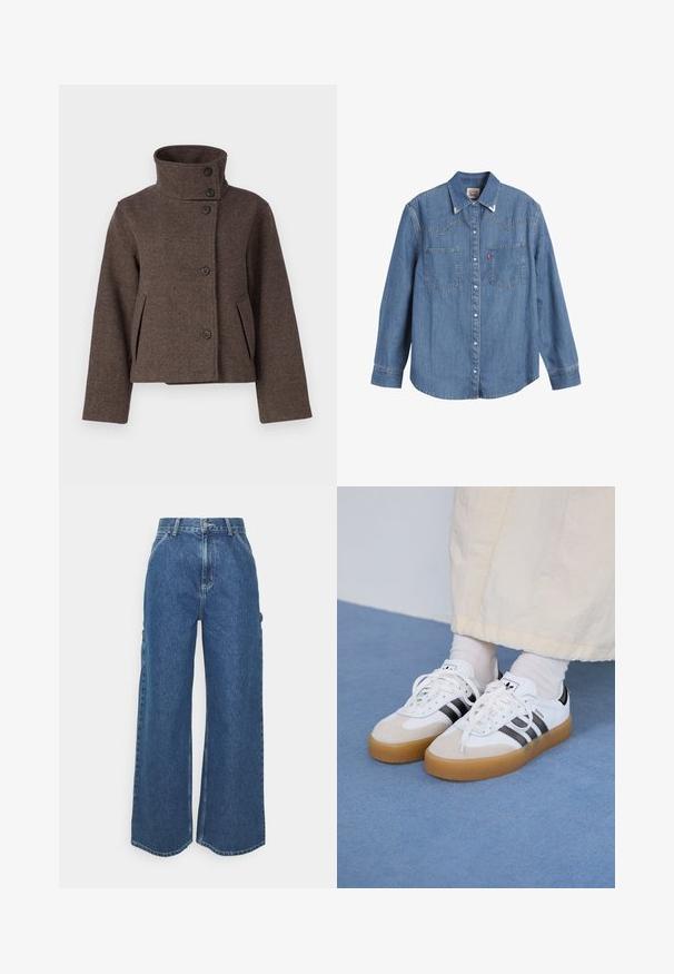 Object OBJRIKI SHORT JACKET - Giacca da mezza stagione - morel; Camicia di jeans azzurro chiaro con maniche lunghe, colletto a punta, due tasche sul petto e cuciture a contrasto. Presenta un design a yoke in stile western.; Pantaloni in denim blu a gamba larga con vita alta, cuciture a contrasto e tasche laterali, caratterizzati da un classico design a cinque tasche e orli grezzi.; Sneakers bianche con strisce nere e accenti in suede beige. Presentano una suola in gomma texturizzata e lacci bianchi piatti, indossate con calzini di colore chiaro.