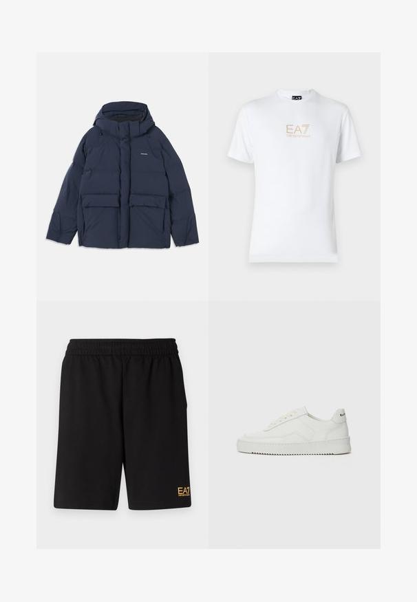 Marinblå puffjacka med huva, med två stora framfickor och dragkedja. Materialet verkar slätt och isolerat.; Vit bomull t-shirt med rund halsringning och korta ärmar, med en guld EA7 Emporio Armani-logotyp tryckt på framsidan.; Svarta träningsshorts i mjukt tyg, med ett elastiskt midjeband och en liten gul EA7-logotyp på nedre vänstra benet.; Vita lädersneakers med en jämn yta, rund tå, platta snörningar och en strukturerad sula. Har en diskret logotyp på hälen.