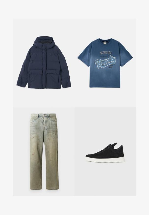 Jachetă puffer albastră închis cu glugă, având două buzunare mari în față și închidere cu fermoar. Materialul pare a fi neted și izolat.; Tricou din bumbac albastru, cu guler rotund, mâneci scurte și text grafic pe față: "KSUBI ESTABLISHED Royalty 1999 NEVER."; Jeans din denim uzat, de culoare verde deschis, cu un croi drept, design cu cinci buzunare, și decolorare inegală cu stropi de vopsea.; Sneakers negre din suede cu o talpă din cauciuc albă, prezentând cusături tonale și un design cu șireturi. Textură netedă cu o formă modernă și aerodinamică.