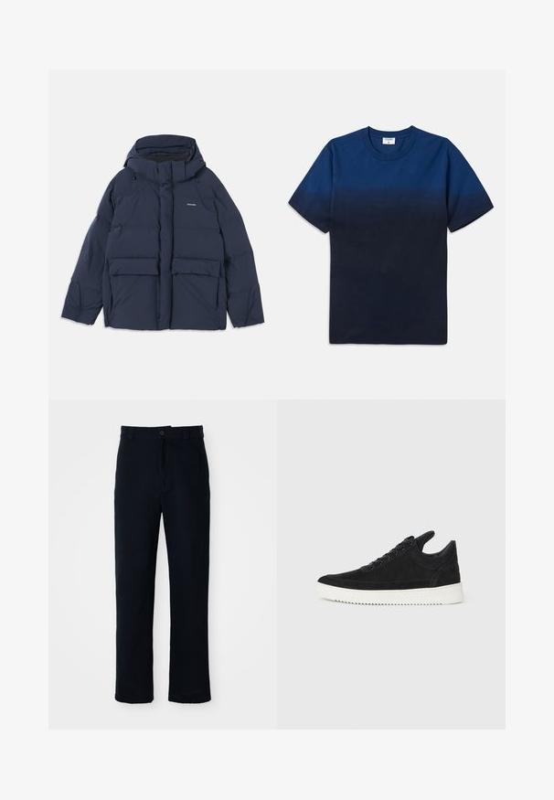 Tumši zils pūkains mētelis ar kapuci, kas aprīkots ar divām lielām priekšējām kabatām un ar rāvējslēdzēju. Materiāls izskatās gluds un izolēts.; Tums zila kokvilnas T-kreklu ar apaļu kaklu, īsām piedurknēm un izsmalcinātu gradientu dizainu, kas pāriet no gaišākām uz tumšākām nokrāsām.; Kokvilnas tumši zilas bikses ar taisnu kāju dizainu, priekšējo pogu aizdari un klasisku jostasvietu ar jostas cilpiņām.; Melna zamša apavi ar baltu gumijas zoli, ar tonālu izšuvumu un auklu dizainu. Gluda tekstūra ar mūsdienīgu, plūstošu formu.