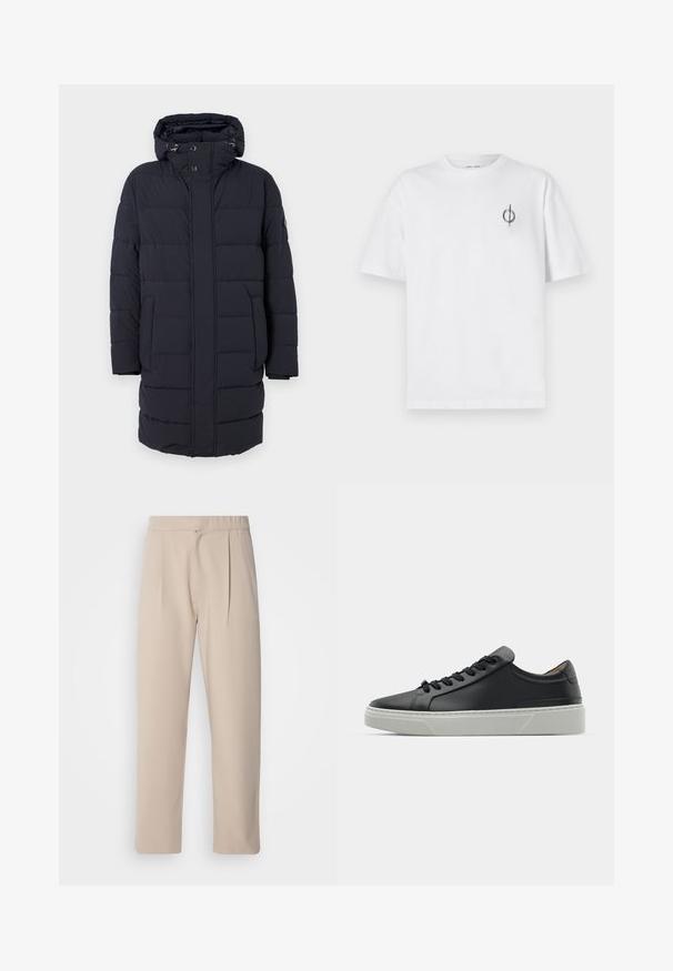 Mornarsko plavi pufasti kaput s kapuljačom, s horizontalnim kvadratnim dizajnom, dva bočna džepa i dugmadi. Izrađen od teksturiranog, izoliranog materijala.; Bijela pamučna majica s opuštenim krojem, s malim crnim grafičkim logotipom na lijevoj prečki. Kratki rukavi, okrugli izrez.; Bežene, plisirane hlače od mekog materijala. Imaju elastičnu pojasnicu, ravne nogavice i glatku teksturu. Bez džepova ili akcenta.; Crne kožne tenisice s glatkom teksturom, okruglim vrhom i crnim čipkastim vezicama. Imaju debeo bijeli gumeni potplat s suptilnim geometrijskim naglascima.