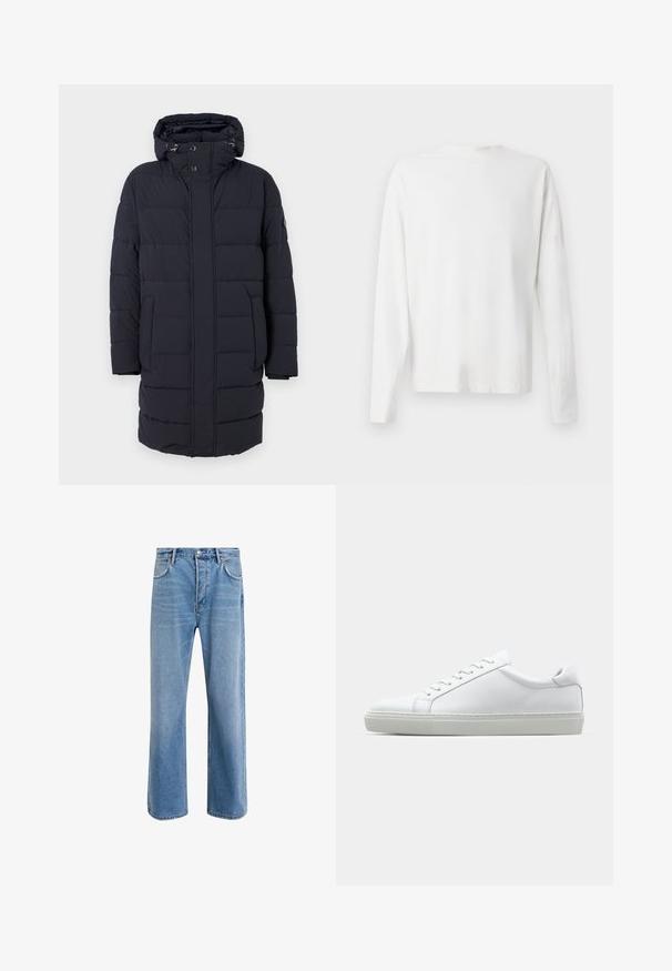 Tumši zils pūkains mētelis ar kapuci, horizontālas quilted dizains, divas sānu kabatas un pogu aizdare. Izgatavots no teksturēta, izolējoša materiāla.; Garums piedurkņu baltā kokvilnas krekls ar apaļu dekoltē, sānu šķēlumiem apakšā un gludu tekstūru, redzams no aizmugures.; Gai zilas džinsu bikses ar taisnām kājām, piecām kabatām, pogu aizvēršanu, minimālu izbalēšanu un kontrastējošiem šuvju elementiem.; Baltie sporta apavi ar gludu ādas virsu un zemu profilu. Iezīmējas ar noapaļotu purngalu, sešām acīm un teksturētu gumijas zoli.