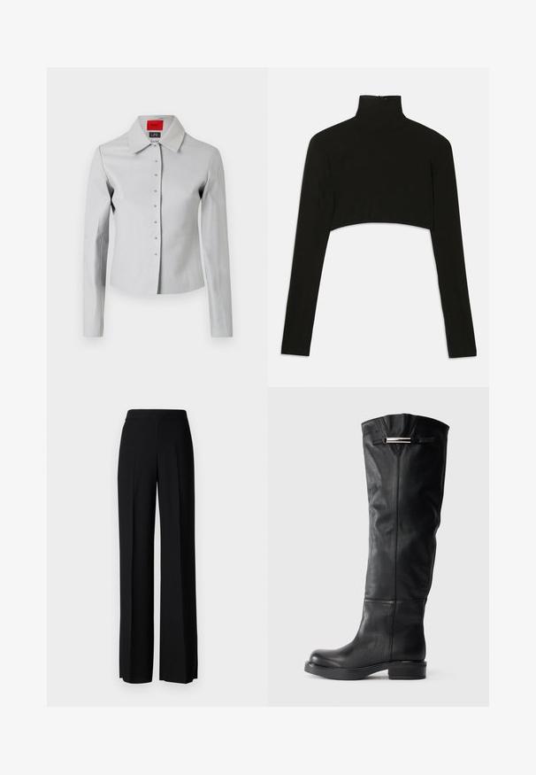 Light gray fitted shirt with a large collar, button front, and silver-tone buttons. Smooth texture and tailored design.; Black cropped long-sleeve top with a high neck. Made from stretchy fabric, features a back zipper closure and side slits.; Black wide-leg trousers with a smooth texture, featuring a high waistband and center pleats. No visible patterns or hardware details.; Knee-high black leather boots with a smooth texture, a rounded toe, and a low block heel. Features a silver accent on the upper side.