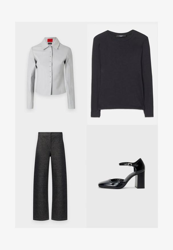 Gaiši pelēks pieguļošs krekls ar lielu apkakli, pogām priekšā un sudraba krāsas pogām. Gluda tekstūra un pielāgota dizaina.; Melns krekls ar garām piedurknēm un noapaļotu kakla izgriezumu, izgatavots no mīkstas auduma. Tam ir vienkāršs dizains un smalki izšuvuma detaļas pa apakšmalu.; Platas kājas bikses melnā denima. Ir strukturēta virsma, tīrs josta un bez redzamiem metāla elementiem vai kabatām.; Melna lakota ādas augstpapēžu kurpes ar kvadrātu purngalu, potītes siksniņu un masīlu papēdi. Iekļauj perforētu apdari gar malu.