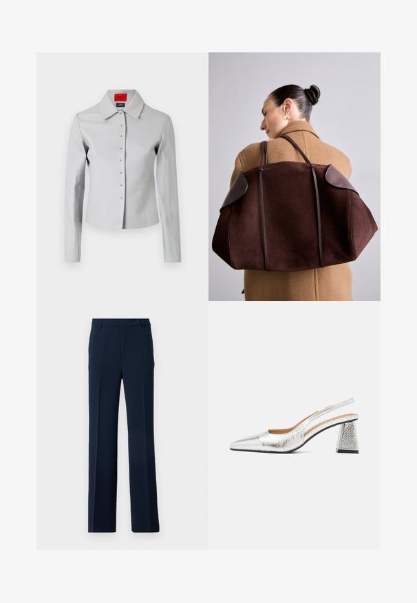 Svijetlosiva prilagođena košulja s velikim ovratnikom, prednjim gumbima i srebrnim gumbima. Glatka tekstura i kroj koji se dobro prilagođava.; Bijela majica s dugim rukavima i visokim vratom od glatkog, rastezljivog materijala. Ima uski kroj i visoki ovratnik. Nema vidljivih uzoraka ili detalja.; Tamno plave hlače od glatkog materijala, s pravim nogavicama, prednjim plisiranim detaljima i bočnim džepovima za elegantan izgled.; Srebrni slingback cipelama s šiljatim prstima, teksturalnim metalik završetkom i trokutastom blok petom. Unutrašnjost sadrži smeđe kožne detalje.; Smeđa nubuk torba s tamnim kožnim detaljima, koja ima strukturirani oblik i dvostruke ručke, drži se prebačena preko ramena uz bež kaput.