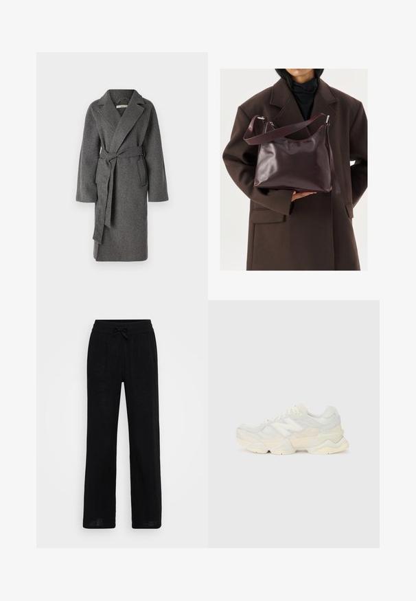 Sivi vuneni kaput s rašljenim ovratnikom, dugim rukavima i vezicom u struku. Ima blago strukturiranu površinu i dizajn do koljena.; Bijela pletena majica s V-izrezom, dugim napuhanim rukavima i teksturiranim završetkom. Skraćeni dizajn dodatno naglašava labavi, udobni kroj.; Crne lanene hlače širokih nogavica s elastičnim pojasom i vezicom. Glatka tekstura, prozračna tkanina i dizajn punih dužina.; Lagana tenisica s gornjim dijelom od mrežice i antilopa u blagim krem tonovima, srobustnom potplatom i trodimenzionalnim detaljima.; Osoba u tamnosmeđem kaputu drži sjajnu torbu od tamnoburgundske kože s podesivom naramenicom na svijetloj pozadini.
