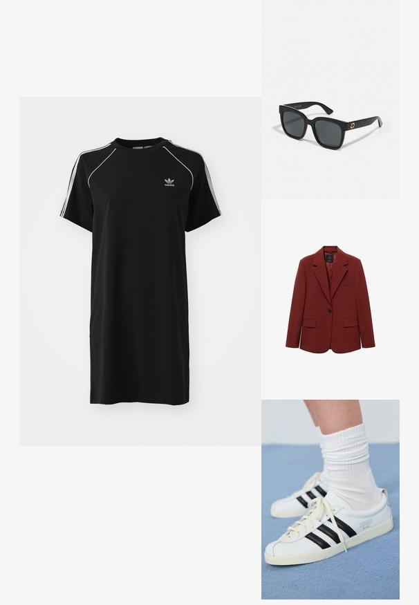 Červený strukturovaný blazer, jednopřezková kůže, klopové límce, dvě přední kapsy, texturovaná tkanina a detail kapsy na hrudi.; Černé šaty s krátkým rukávem vyrobené z měkkého materiálu, s bílými bočními pruhem, kulatým výstřihem a malým logem na hrudi.; Bílé kožené tenisky s černými pruhy, krémovou podešví a světlými tkaničkami. Nosené s bílými žebrovanými ponožkami, umístěné na modrém pozadí.; Černé sluneční brýle s obdélníkovými skly, s lesklým povrchem a zlatými logovými akcenty na nožkách. Temně šedá skla poskytují UV ochranu.