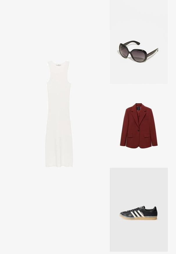 Red structured blazer, single button closure, notched lapels, two front pockets, textured woven fabric, and a chest pocket detail.; White, sleeveless, ribbed knit dress with a fitted silhouette, reaching below the knees. Simple and minimalist design, without patterns or hardware.; Black athletic sneaker with white stripes, textured fabric, smooth leather toe, and a gum rubber sole. Features logo on tongue.; Black sunglasses with oversized, rounded frames. Lenses gradient from dark to light. Features a sleek, glossy finish and subtle logo accents on temples.