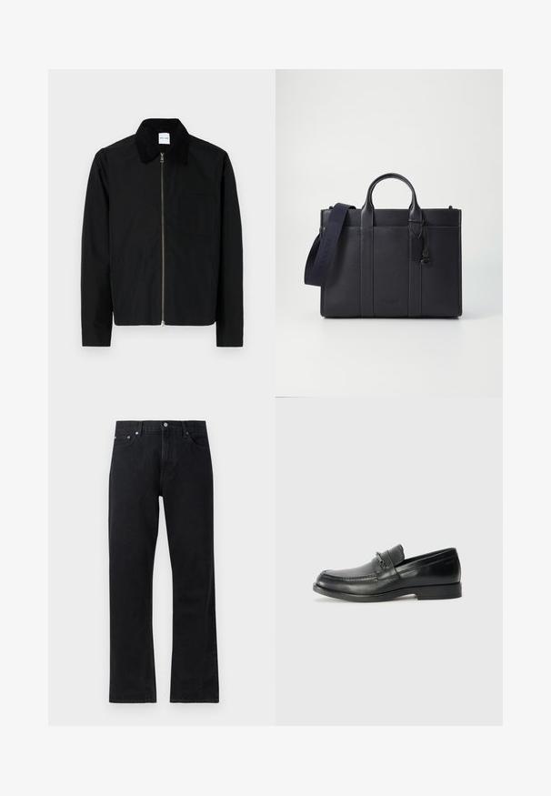 Black jacket made of smooth fabric, featuring a zip front, a collar with contrasting texture, and a chest pocket for utility.; Black cotton t-shirt featuring a round neck, short sleeves, and a textured oval logo in a darker shade at the chest. Red brand label on neckline.; Black denim jeans with a straight-leg design, featuring a button closure, five-pocket style, and subtle stitching details.; Black leather loafers with a rounded toe, featuring a stitched design, a small front strap with hardware detailing, and a flat rubber sole.; Dark navy leather briefcase with dual top handles and a detachable strap. Features textured finish, vertical stitching, and logo detail.