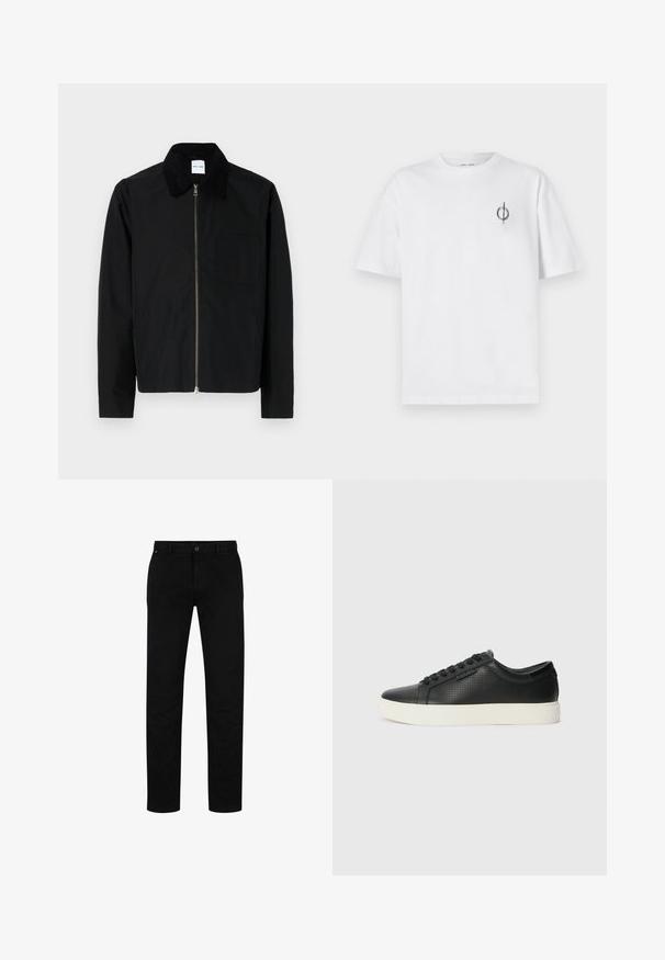 Melnā jakā, kas izgatavota no gludas auduma, ir rāvējslēdzēja priekšpuse, apkakle ar kontrastējošu tekstūru un krūšu kabata praktiskai lietošanai.; Bāla kokvilnas t-kreklu ar brīvu piegulšanu, kuram uz kreisā krūšu apvidus ir neliels melns grafiskais logotips. Īsas piedurknes, apaļas kakla izgriezums.; Melni kokvilnas bikses ar taisnu piegriezumu, kas aprīkotas ar pogu aizdari, jostu cilpām un minimālistisku dizainu. Gluda tekstūra, bez rakstiem.; Melnas ādas sporta kurpes ar perforētu tekstūru, apaļu purngalu un plakanu baltu gumijas zoli. Ar melniem šņorējumiem un smalku logo sānos.